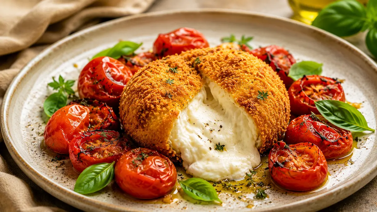 Burrata panée et tomates rôties