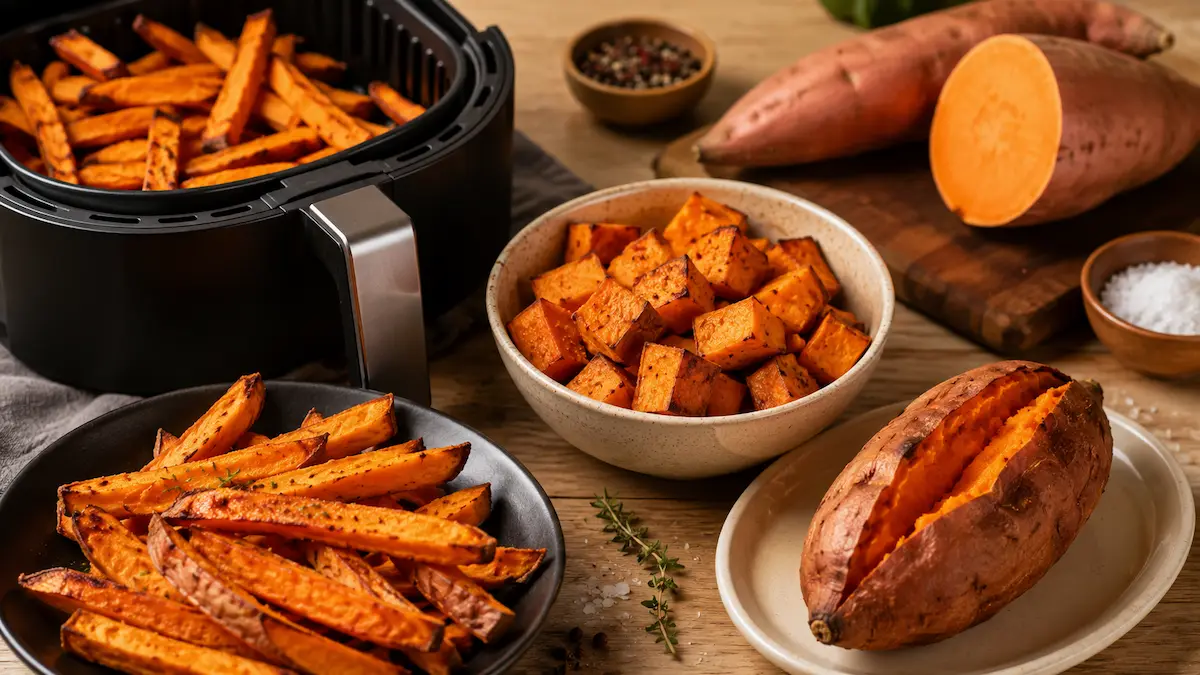 Patate douce à l&rsquo;Air Fryer : frites, cubes, entière — guide complet et temps de cuisson